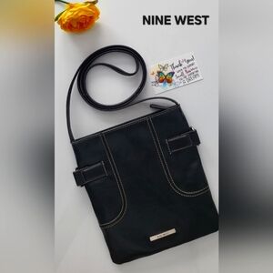 Nine West Black Leather Crossbody Bag. Long Shoulder Handle and Metal Brand Name